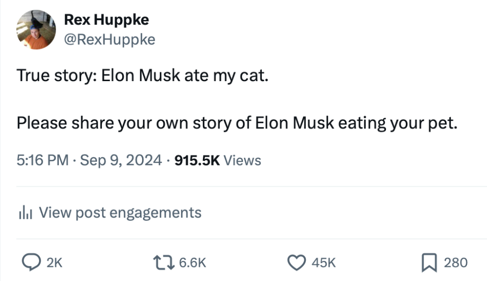 A screenshot of the author's brave post admitting that Elon Musk ate his cat.