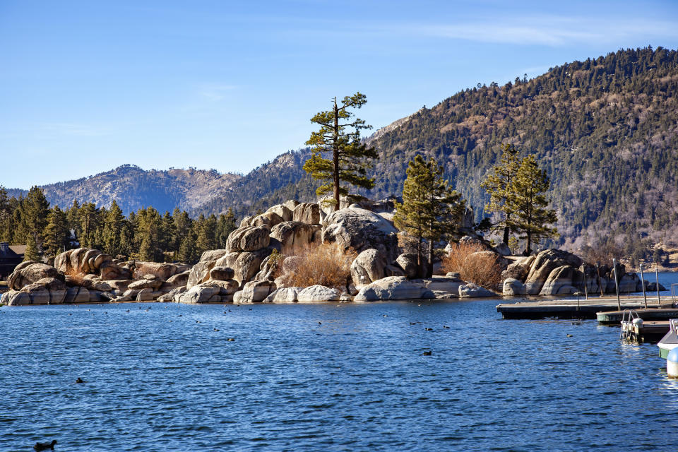 View of mountains and rock formations along Big Bear Lake