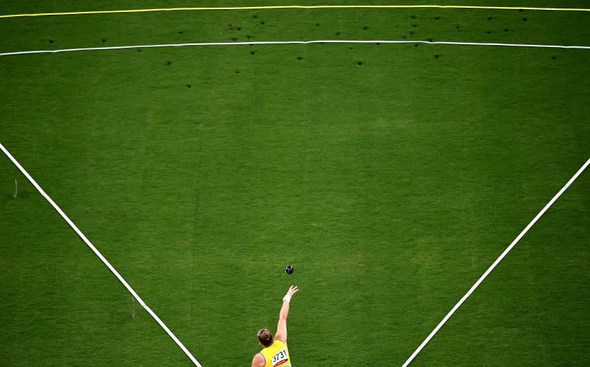 -TOKYO,JAPAN July 30, 2021: Ukraine's Olha Golodna competes in the women's shot put qualifying at the 2020 Tokyo Olympics. (Wally Skalij /Los Angeles Times)