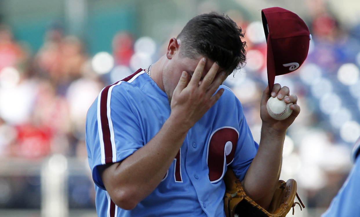 Phillies reliever Mark Leiter took the brunt of the Phillies’ unearned runs. (AP Photo)