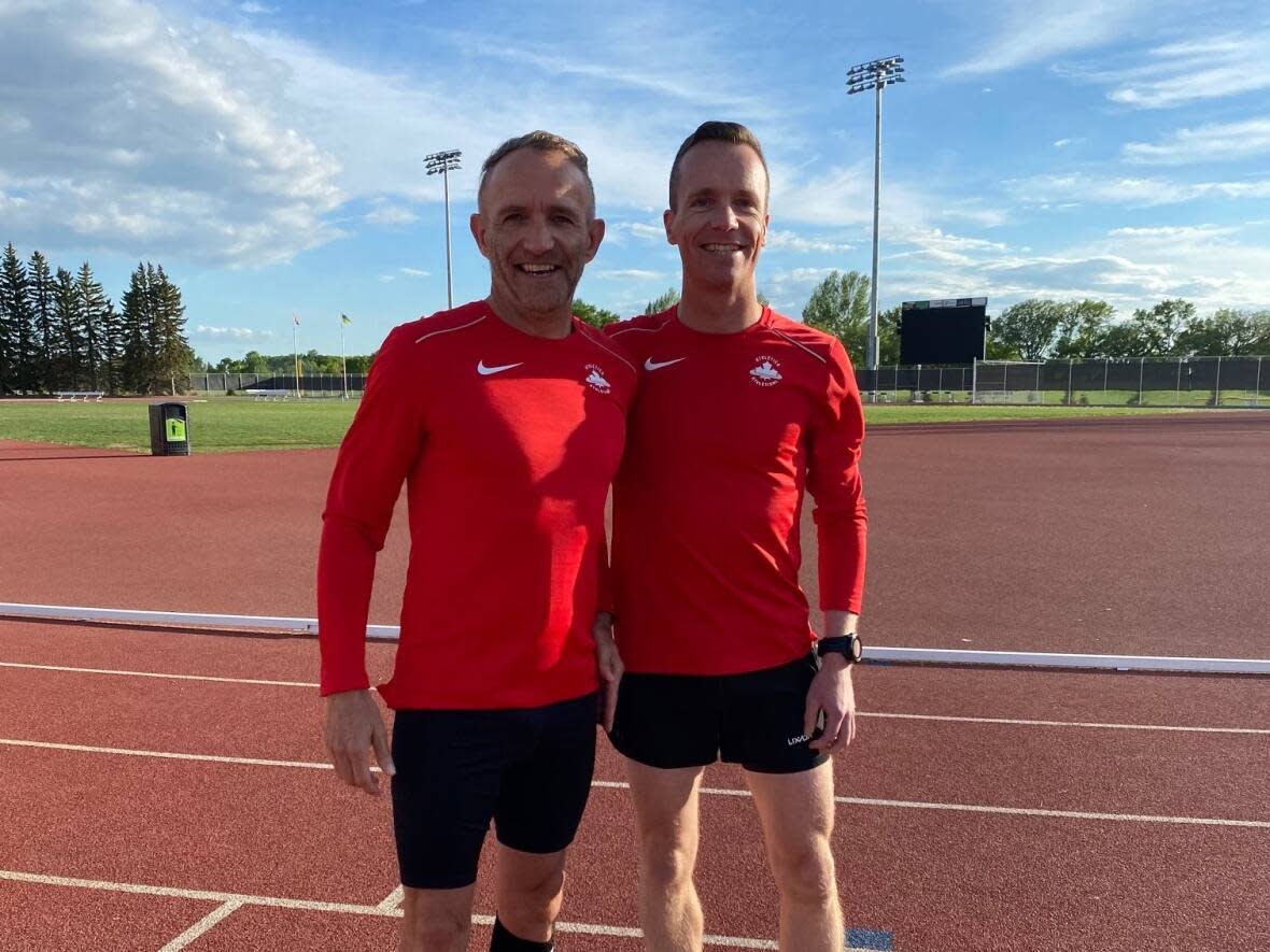 Harvey Weber, left, and Trevor Jacek will be cheering each other on as they compete against the world's best masters athletes.  (CBC/Heather Morrison - image credit)