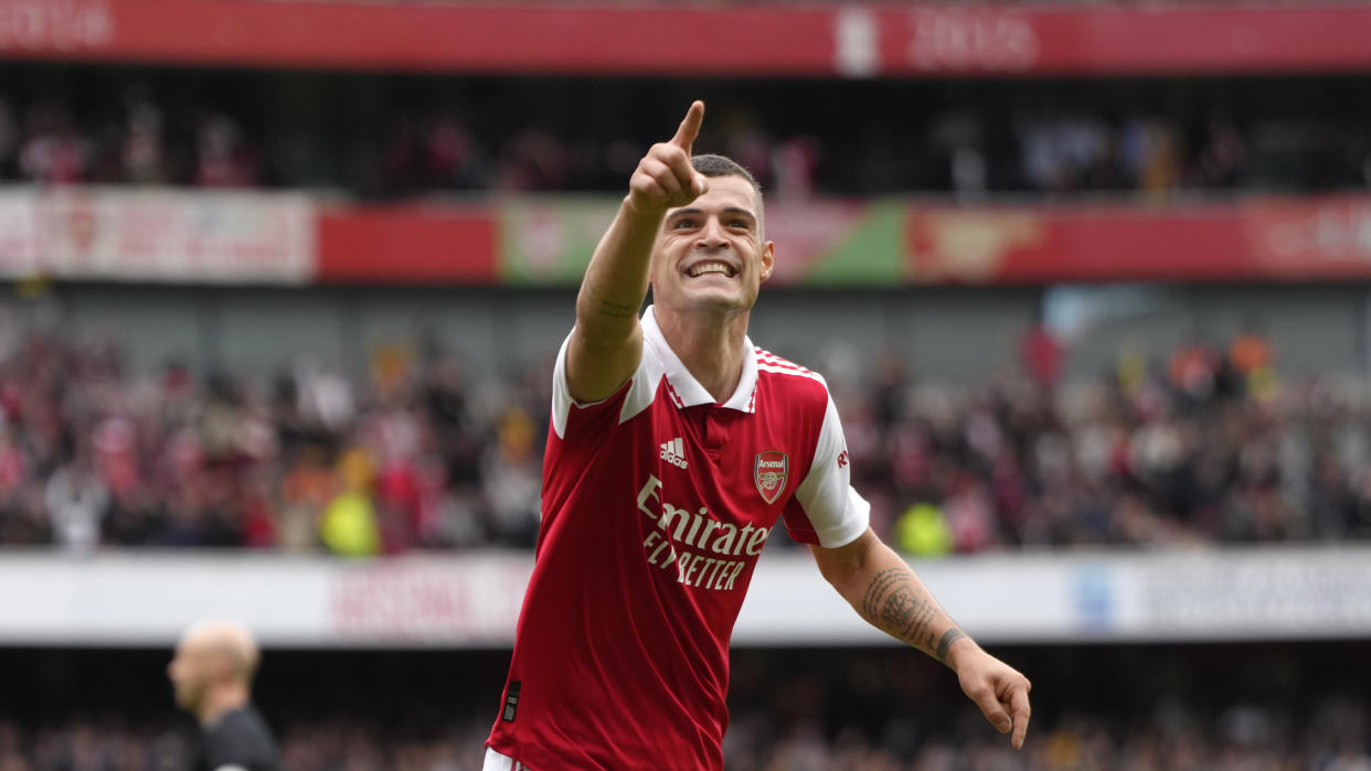 EPL Arsenal's Granit Xhaka celebrates scoring a goal during the English Premier League soccer match between Arsenal and Tottenham Hotspur at Emirates stadium in London, Saturday, Oct. 1, 2022. (AP Photo/Kirsty Wigglesworth)