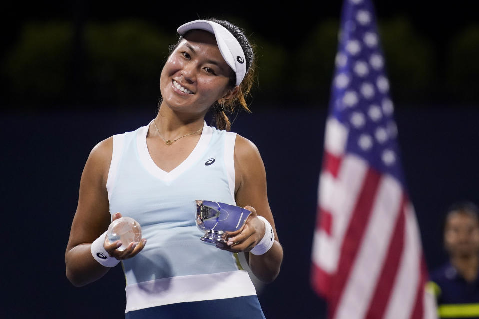 Katherine Hui, of the United States, holds the championships trophy after defeating Tereza Valentova, of the Czech Republic, in the junior girls singles final of the U.S. Open tennis championships, Saturday, Sept. 9, 2023, in New York. (AP Photo/Charles Krupa)