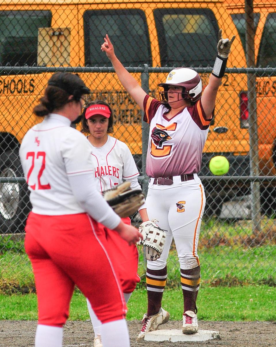 Case’s Olivia Silva looks toward her teammates after hitting a triple during Thursday’s game against New Bedford.