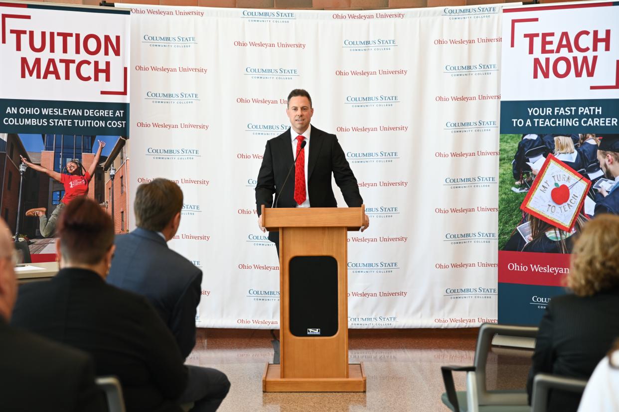 Ohio Wesleyan President Matt vandenBerg speaks at an event Thursday at Columbus State Community College's Delaware campus announcing three new partnerships between the two schools. vandenBerg said the partnerships are a "win-win-win": a win for students, the region and higher education at large.