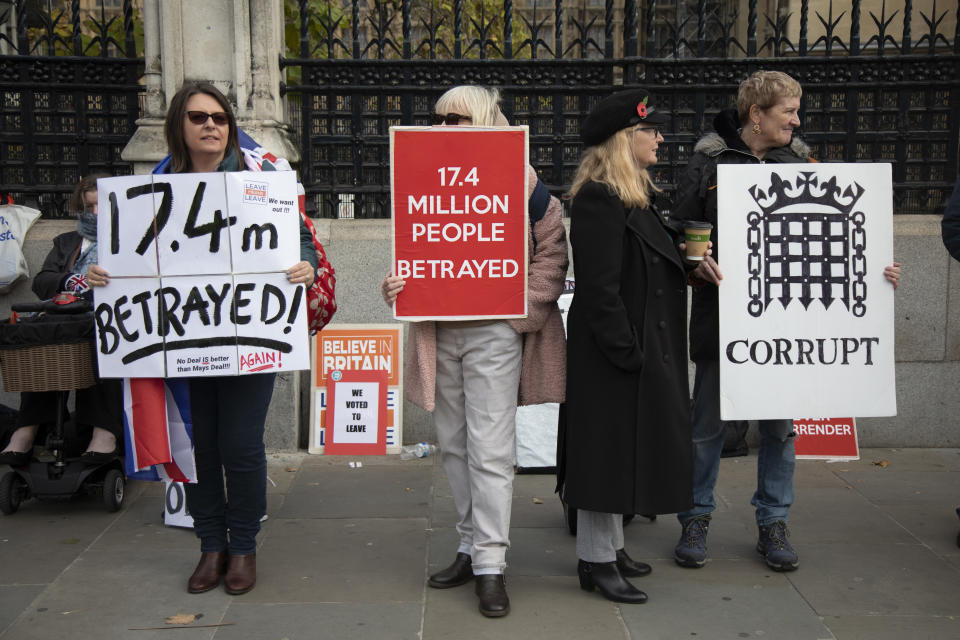 Pro Brexit anti European Union Leave protesters demonstrating in Westminster on what, prior to another Brexit Day extension, would have been the day the UK was scheduled to leave the EU, and instead political parties commence campaigning for a General Election on 31st October 2019 in London, England, United Kingdom. Brexit is the scheduled withdrawal of the United Kingdom from the European Union. Following a June 2016 referendum, in which 51.9% of participating voters voted to leave. (photo by Mike Kemp/In Pictures via Getty Images)