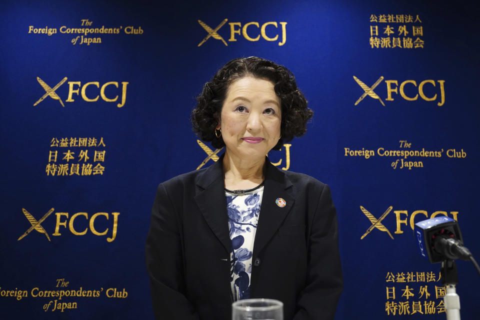 Tomoko Yoshino, the first female leader of Japanese Trade Union Confederation (Rengo) attends a press conference at Foreign Correspondents' Club of Japan Friday, Oct. 22, 2021, in Tokyo. Yoshino said Friday she will work to correct the gender gap in wages and working conditions to help empower women. (AP Photo/Eugene Hoshiko)