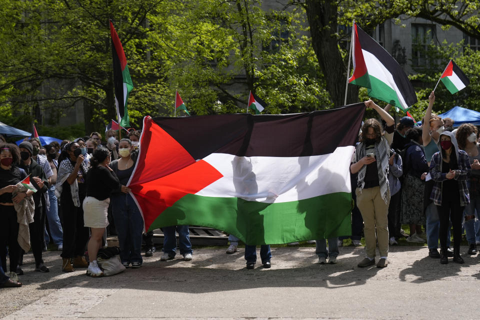 Pro-Palestinians protesters remain on the University of Chicago campus for a fifth day Friday, May 3, 2024, in Chicago. (AP Photo/Erin Hooley)