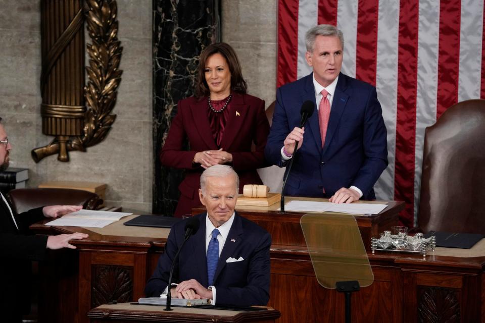 Speaker of the House Kevin McCarthy introduces President Joe Biden during the State of the Union address from the House chamber of the United States Capitol in Washington. 