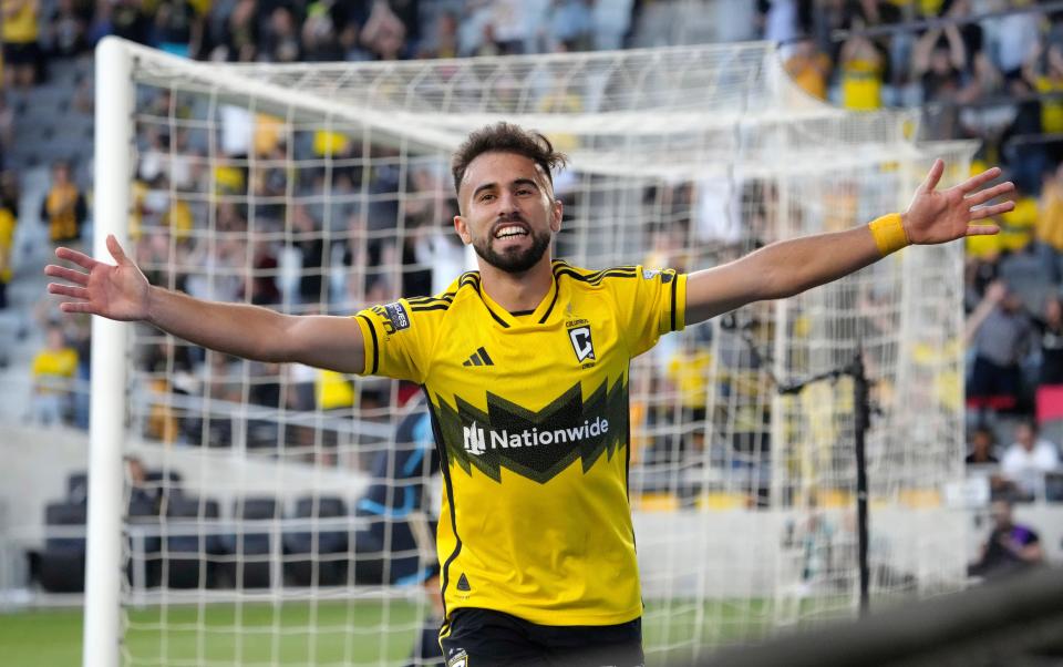 August 21, 2024; Columbus, Ohio, USA; 
Columbus Crew forward Diego Rossi (10) celebrates after his first goal scored against the Philadelphia Union during a semifinal Leagues Cup match at Lower.com Field on Wednesday