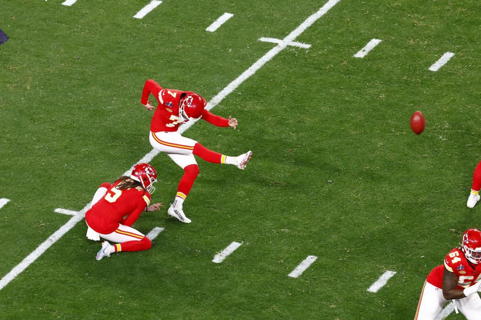 One of Butker's four field goals during this year's Super Bowl. (Jeff Speer/Icon Sportswire via Getty Images)