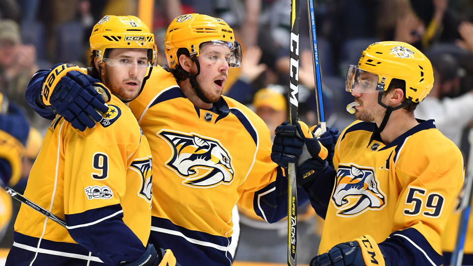 Stacking the Predators' Forsberg (9), Johansen (centre) and Josi (59) could be a winning formula. (Christopher Hanewinckel-USA TODAY Sports)