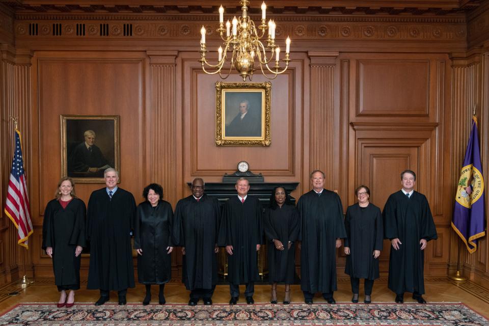 On Sept. 30, 2022, from left: Justices Amy Coney Barrett, Neil Gorsuch, Sonia Sotomayor and Clarence Thomas, Chief Justice John Roberts, and Justices  Ketanji Brown Jackson, Samuel Alito, Elena Kagan and Brett Kavanaugh.