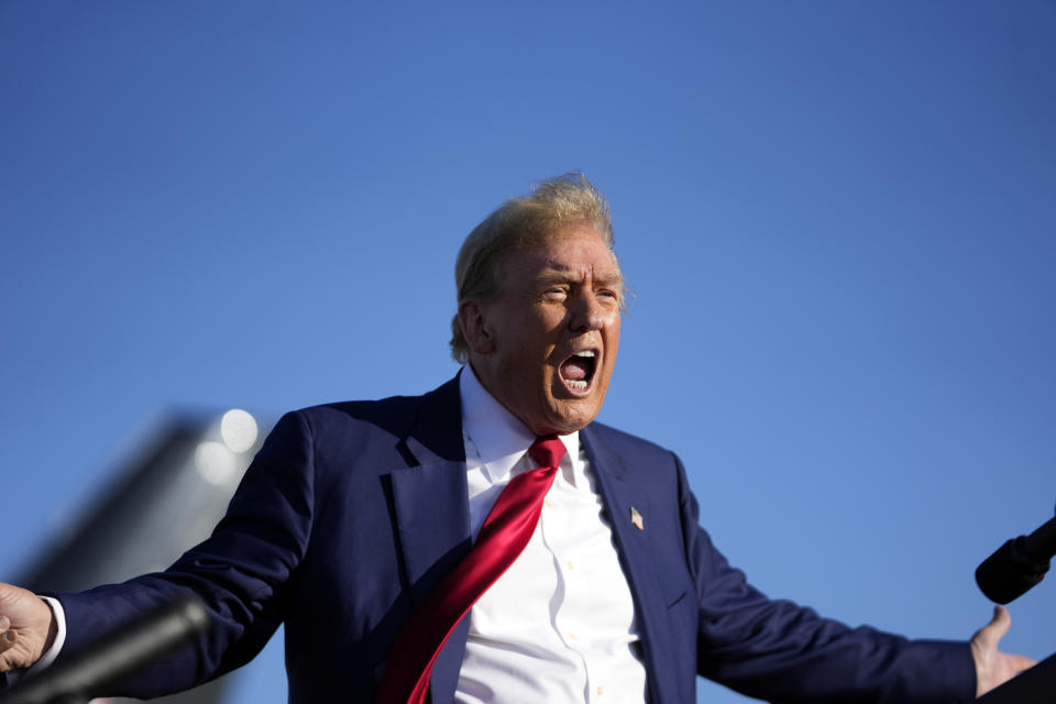 Republican presidential candidate former President Donald Trump speaks at a campaign rally in Freeland, Mich., Wednesday, May 1, 2024. (AP Photo/Paul Sancya)