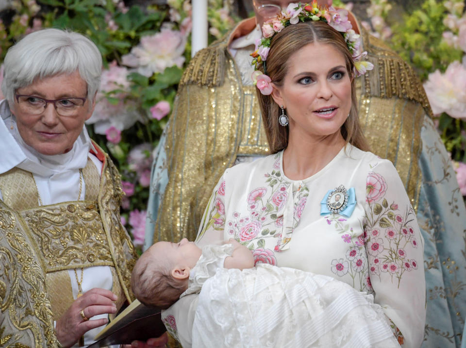 Princess Madeleine and officiant Archbishop Antje Jackelen are seen during  princess Adrienne's christening ceremony in Drottningholm Palace Chapel, Stockholm, 08 June 2018.  Janerik Henriksson /TT News Agency/via REUTERS  ATTENTION EDITORS - THIS IMAGE WAS PROVIDED BY A THIRD PARTY. FOR EDITORIAL USE ONLY.  SWEDEN OUT. NO COMMERCIAL OR EDITORIAL SALES IN SWEDEN.