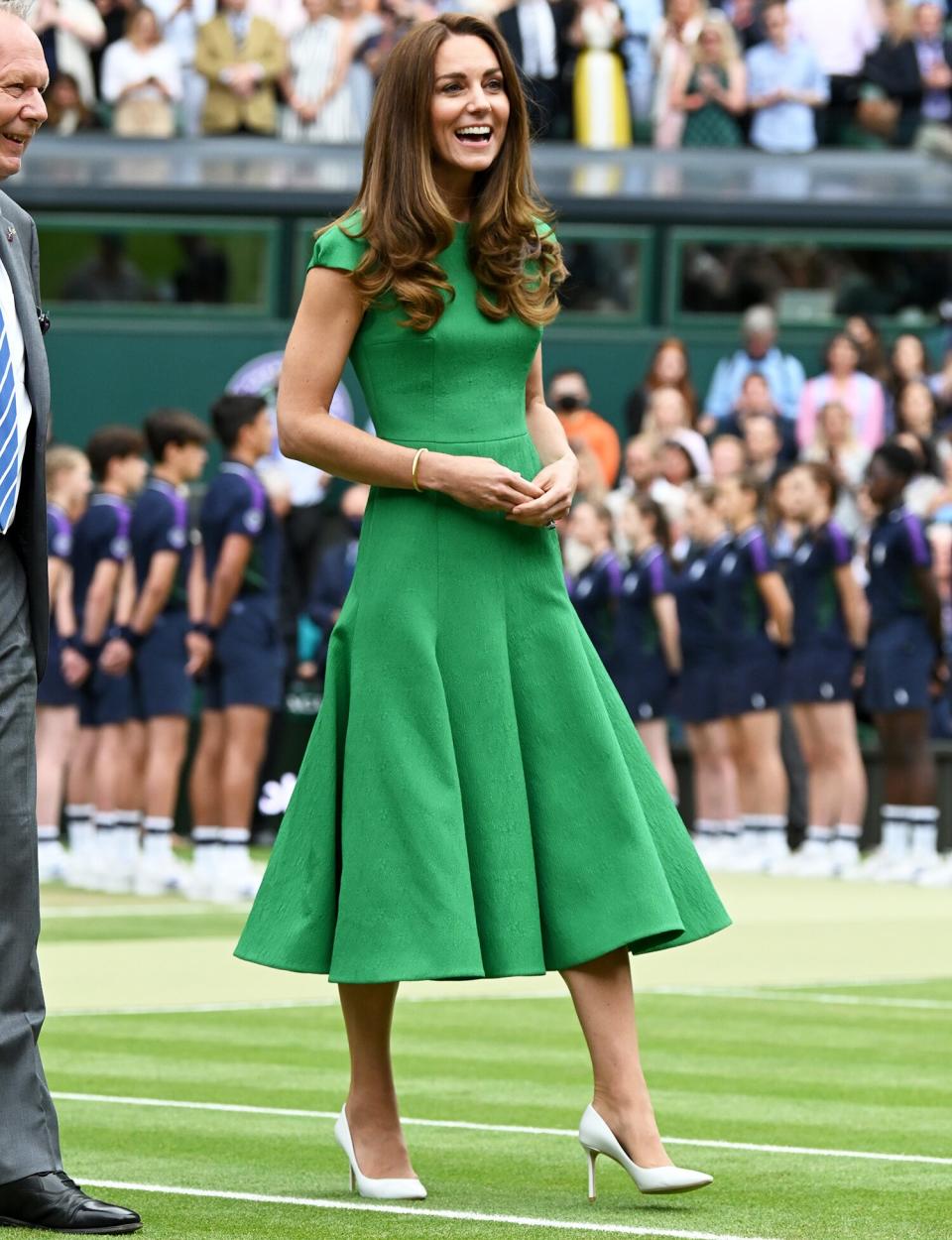 Catherine, Duchess of Cambridge attends Wimbledon Championships Tennis Tournament at All England Lawn Tennis and Croquet Club on July 10, 2021 in London, England.