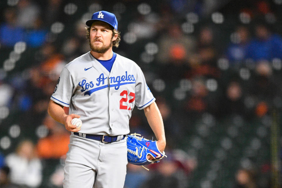 SAN FRANCISCO, CA - MAY 21: Los Angeles Dodgers pitcher Trevor Bauer (27) looks on during a MLB game between the Los Angeles Dodgers and the San Francisco Giants on May 21, 2021 at Oracle Park in San Francisco, CA. (Photo by Brian Rothmuller/Icon Sportswire via Getty Images)