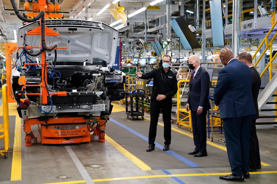 President Joe Biden participates in a tour of the General Motors Factory ZERO electric vehicle assembly plant on Nov. 17, 2021, in Detroit.