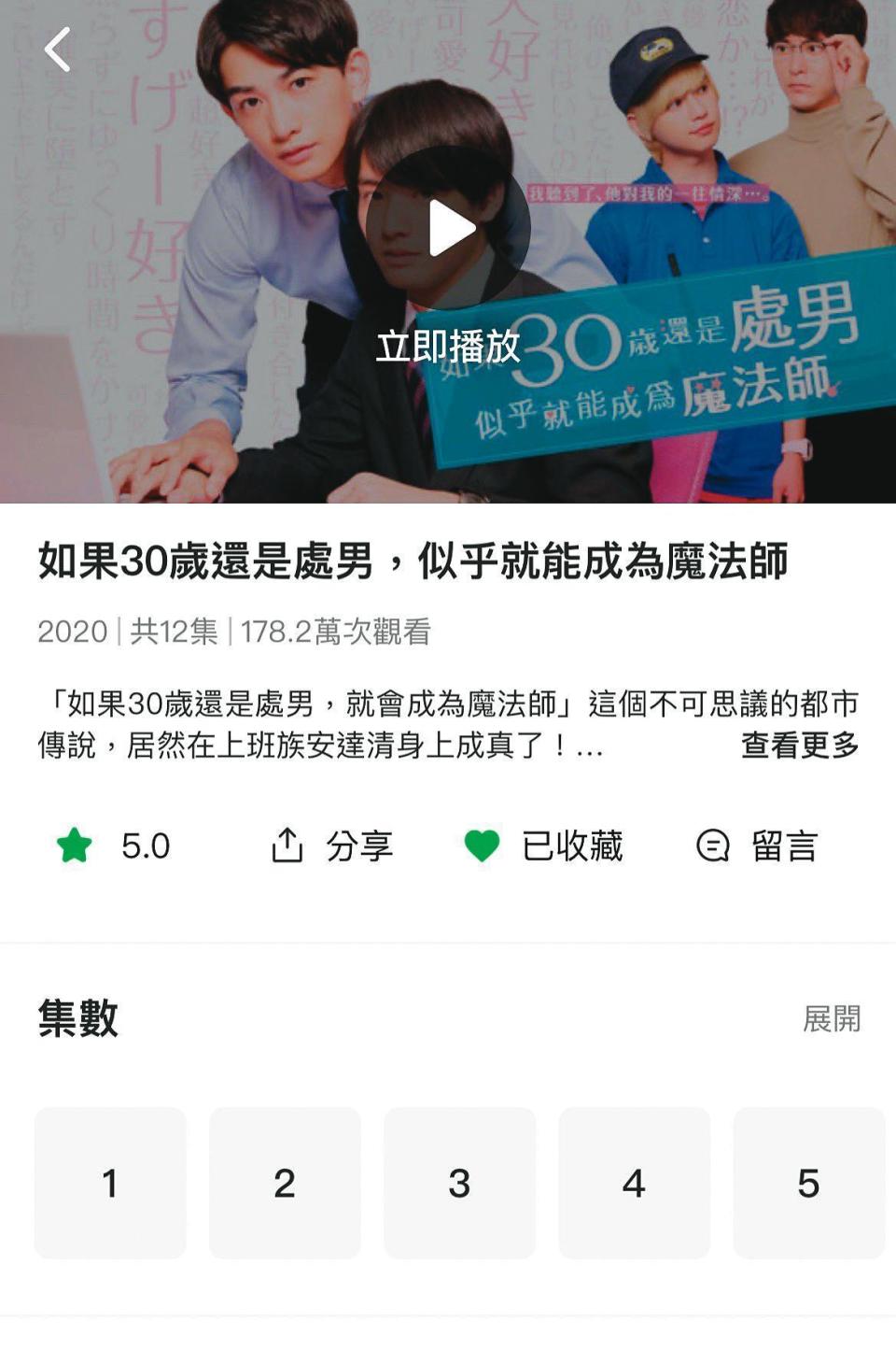 前年底劇終的《30歲處男》去年5月在LINE TV上架，觀看次數已突破178萬。（翻攝自LINE TV）