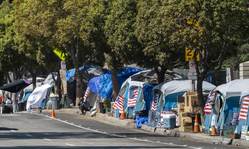 WEST LOS ANGELES, CA - AUGUST 30: A homeless encampment outside the West L.A. Veterans Affairs facilities on Monday, Aug. 30, 2021. The encampment is on San Vicente Boulevard in an unincorporated area near Brentwood in West Los Angeles, CA. Dozens of veterans live at the encampment, sometimes called Veterans Row, where some tents are decorated with U.S. flags. Recently a homeless veteran had been stapped to death near by. (Francine Orr / Los Angeles Times)