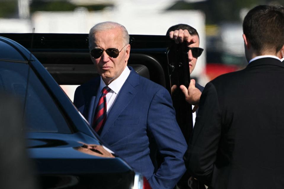 US President Joe Biden listens to a question from reporters before boarding a limousine upon arrival at Seattle-Tacoma International Airport, in SeaTac, Washington, on May 10, 2024. (Photo by Mandel NGAN / AFP) (Photo by MANDEL NGAN/AFP via Getty Images) ORIG FILE ID: 2151840268