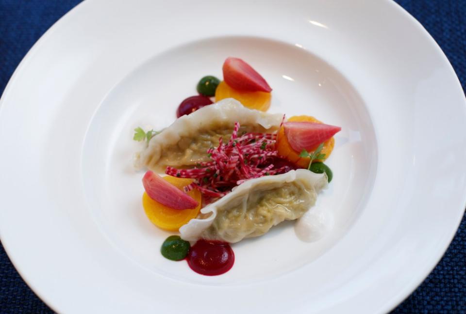 Winning chef Kelly Walker’s beet-and-Brussels sprouts potstickers served with raw beets, a beet coulis and a vegan horseradish mouse. “It’s a stunning dish — you really thought through the texture,” Samuelsson told her after tasting it. Tamara Beckwith