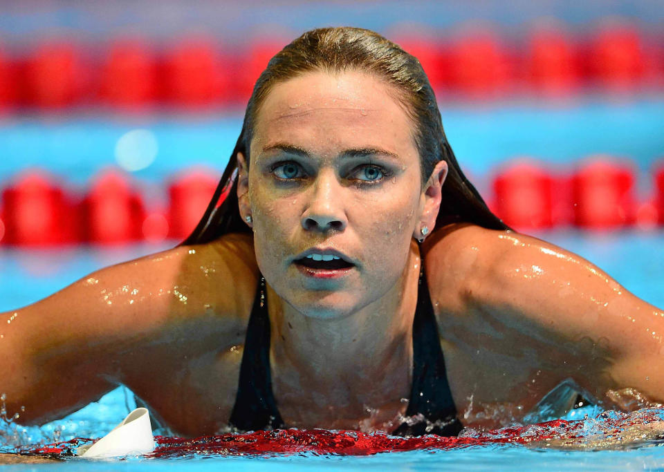 June 25, 2012; Omaha, NE, USA; Natalie Coughlin competes in the finals for the women's 100m butterfly in the 2012 U.S. Olympic swimming team trials at the CenturyLink Center. Mandatory Credit: Andrew Weber-US PRESSWIRE