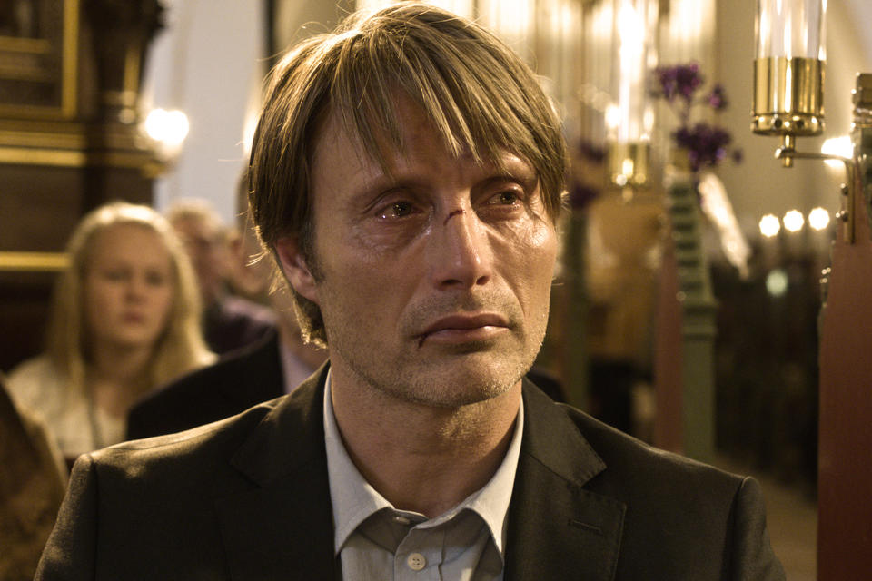 This image released by Magnolia Pictures shows Mads Mikkelsen in a scene from "The Hunt" (Jagten). The film was nominated for an Academy Award for best foreign picture on Thursday, Jan. 16, 2014. The 86th Academy Awards will be held on March 2. (AP Photo/Magnolia Pictures)