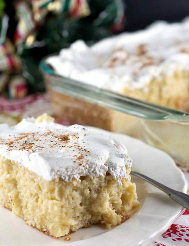 <p>Flavor Mosaic</p><p>It's never too early for Christmas, even on Thanksgiving. This sweet, moist, rich holiday-spun version of tres leches cake serves as a unique and impressive Christmas or holiday dessert that your family, friends and guests will love.</p><p><strong>Get the recipe: </strong><a href="https://flavormosaic.com/eggnog-tres-leches-cake/" rel="nofollow noopener" target="_blank" data-ylk="slk:Eggnog Tres Leches Sheet Cake;elm:context_link;itc:0;sec:content-canvas" class="link rapid-noclick-resp"><strong>Eggnog Tres Leches Sheet Cake</strong></a></p>