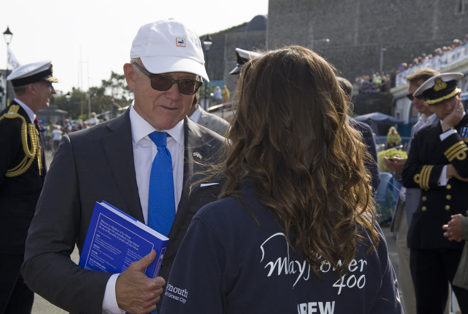 Woody Johnson the U.S. Ambassador to Britain attends the special ceremony to mark the launch of The Mayflower Autonomous Ship in Plymouth south west England, Wednesday, Sept. 16, 2020. Dignitaries, seafarers and scientists gathered in Plymouth, England, on Wednesday to mark the 400th anniversary of the departure of the Mayflower, the ship that carried a group of Puritan settlers to a new life across the Atlantic Ocean. (AP Photo/Susie Blann)