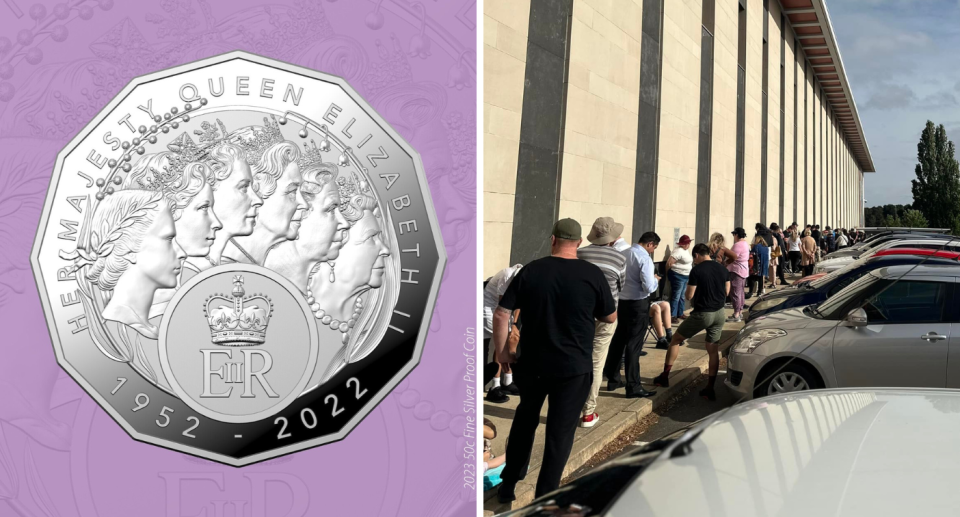Composite image of 2023 Queen Elizabeth II commemorative coin and line up outside Royal Australian Mint to buy. 