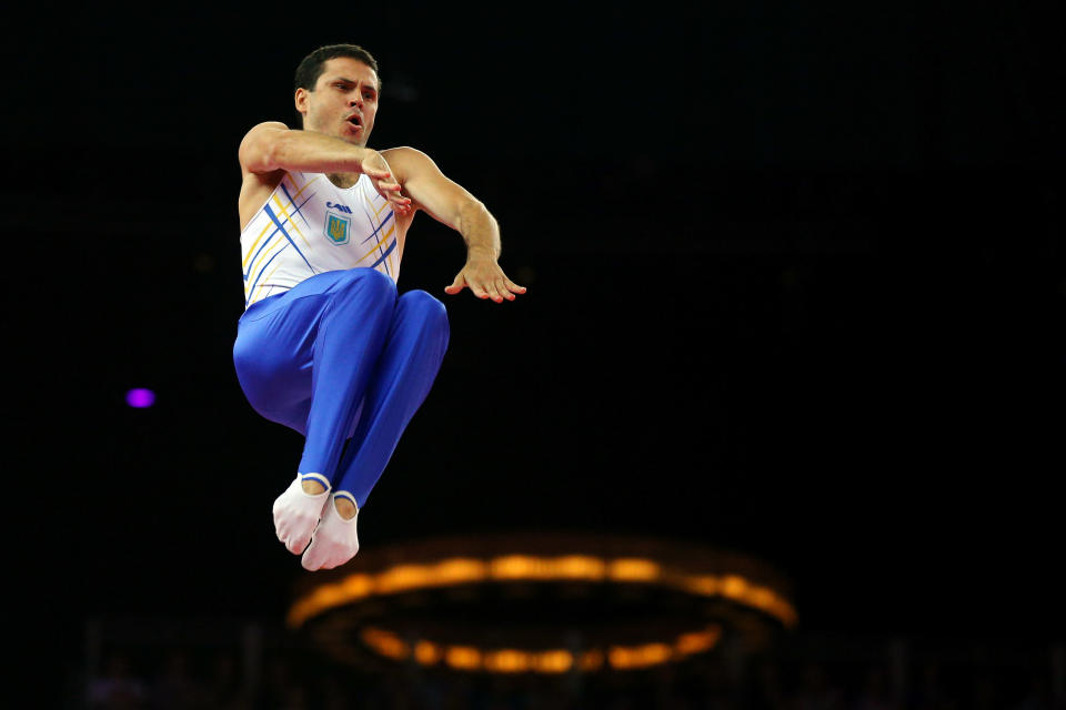 LONDON, ENGLAND - AUGUST 03: Yuriy Nikitin of Ukraine competes on the Men's Trampoline during Day 7 of the London 2012 Olympic Games at North Greenwich Arena on August 3, 2012 in London, England. (Photo by Cameron Spencer/Getty Images)