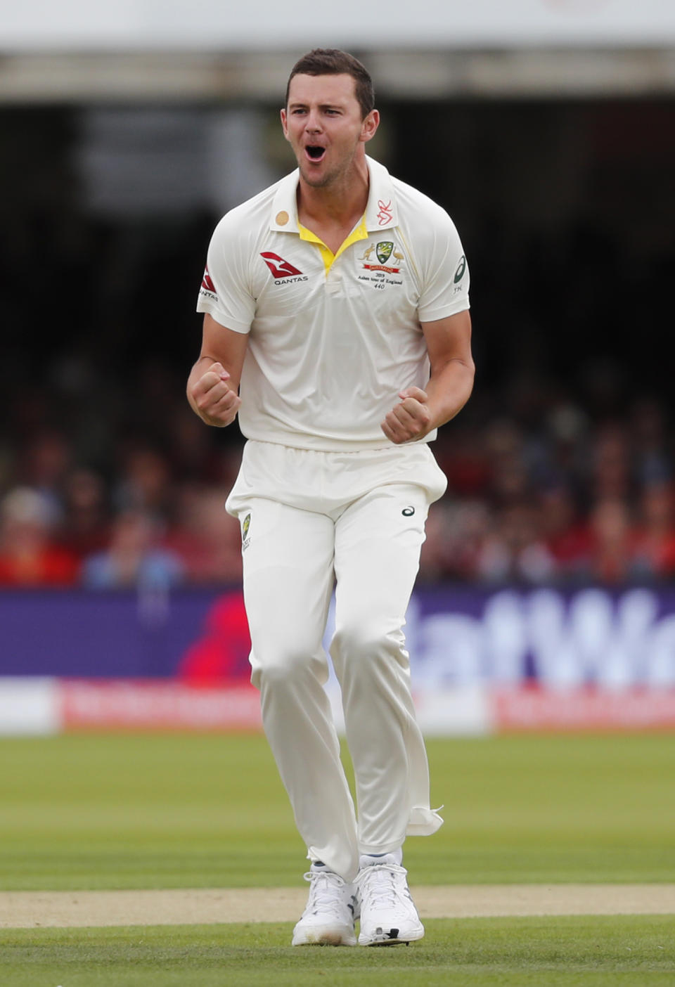 Australia's Josh Hazlewood celebrates after taking the wicket of England's Jason Roy during the second day of the second Ashes test match between England and Australia at Lord's cricket ground in London, Thursday, Aug. 15, 2019. (AP Photo/Frank Augstein)