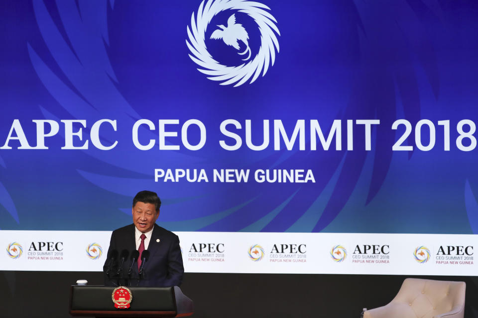 China's President Xi Jinping speaks during the APEC CEO Summit 2018 in Port Moresby, Papua New Guinea, Saturday, Nov. 17, 2018. (Fazry Ismail/Pool Photo via AP)