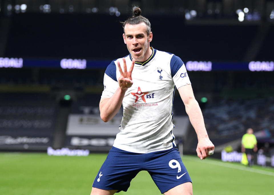 <p>Tottenham Hotspur's Gareth Bale celebrates scoring their side's third goal of the game and his hat-trick during the Premier League match at the Tottenham Hotspur Stadium, London. Issue date: Sunday May 2, 2021.</p>
