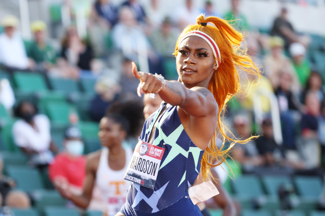 EUGENE, OREGON - JUNE 19: Sha'Carri Richardson competes in the Women's 100 Meter Semi-finals on day 2 of the 2020 U.S. Olympic Track & Field Team Trials at Hayward Field on June 19, 2021 in Eugene, Oregon. (Photo by Andy Lyons/Getty Images)