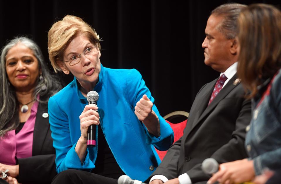 Elizabeth Warren responds to questions from panelists at the Frank LaMere Native American Presidential Forum hosted by Four Directions on Monday, August 19, at the Orpheum in Sioux City.