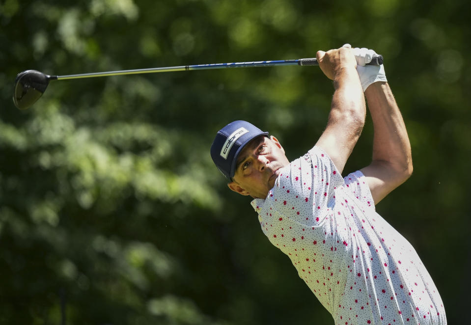 Gary Woodland tees off on the seventh hole during the second round of the Canadian Open golf tournament in Hamilton, Ontario, Friday May 31, 2024. (Nathan Denette/The Canadian Press via AP)
