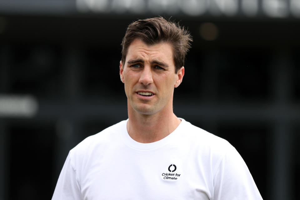 Seen here, Pat Cummins speaks with the media during a Cricket Australia media announcement at Penrith Cricket Club.