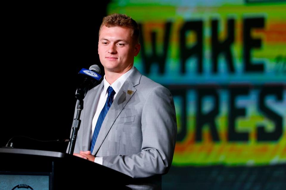 Wake Forest quarterback Mitch Griffis talks to the media at the 2023 ACC Kickoff in Charlotte, N.C., Thursday, July 27, 2023. (Photo by Nell Redmond/ACC)