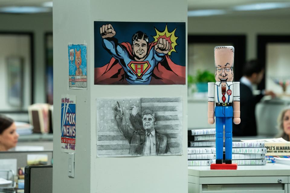 A stickler for detail, Ricker had an artist replicate renderings and drawings of Fox host Sean Hannity that dot the office walls.