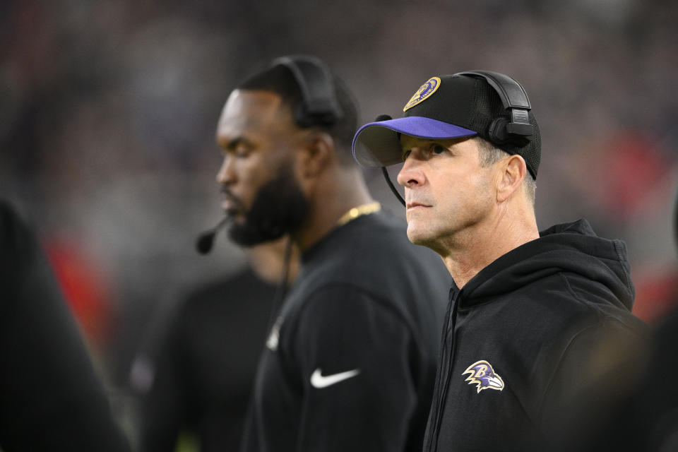 Baltimore Ravens coach John Harbaugh looks onto the field in the second half of an NFL football game against the Cincinnati Bengals in Baltimore, Thursday, Nov. 16, 2023. (AP Photo/Nick Wass)