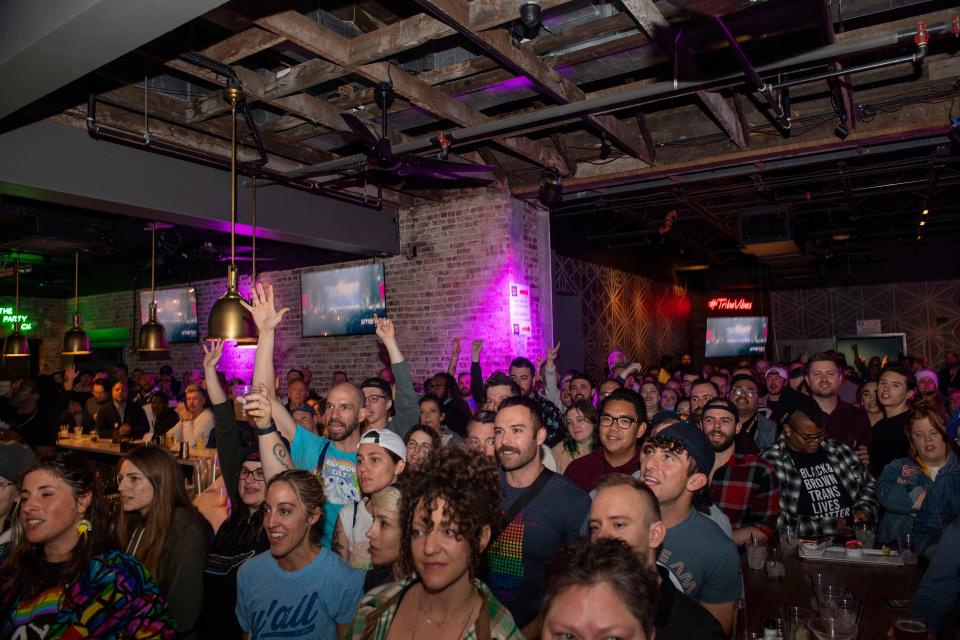 Rally goers pack the room at Tribe during the “Slay Hate: Fight Back Tennessee” rally in Nashville , Tenn., Thursday, March 9, 2023. Tennessee recently became the first state to restrict drag performances in public, making it a criminal offense.