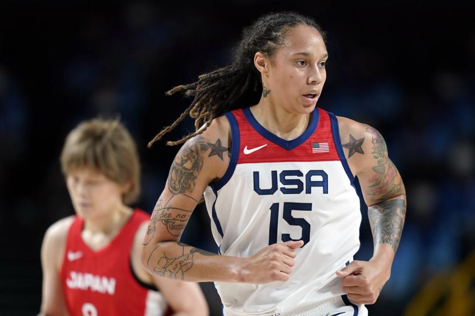 Brittney Griner runs up court during a U.S. women's basketball gold medal game against Japan.