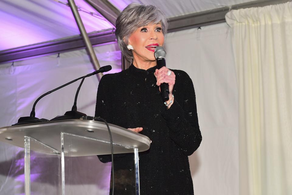 Jane Fonda speaks onstage during Jane Fonda's 85th Birthday, a benefit for Georgia Campaign for Adolescent Power & Potential (GCAPP) on November 10, 2022 in Atlanta, Georgia