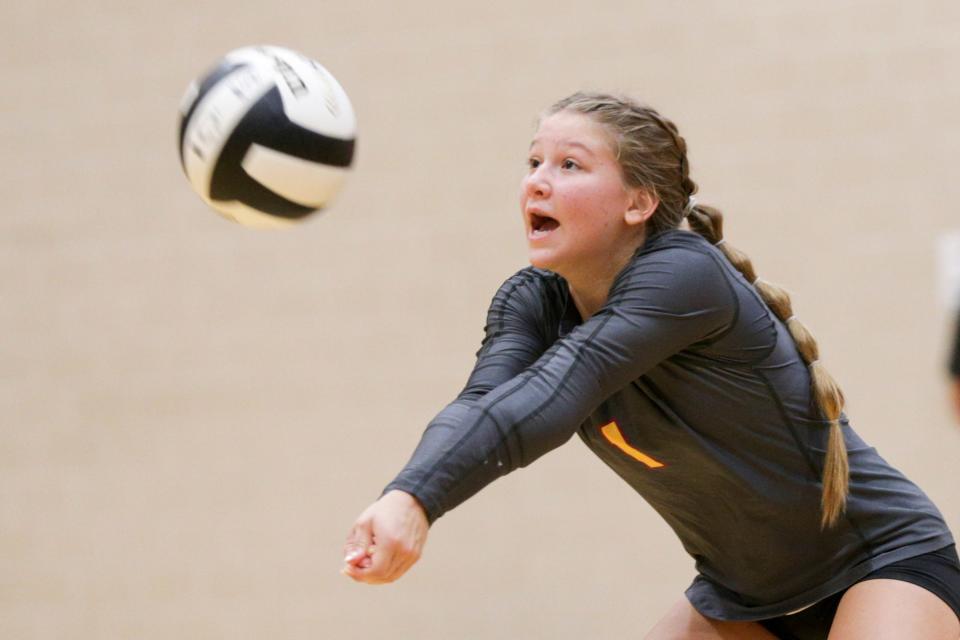 McCutcheon's Alleigh Dutton (1) hits the ball during the second set of an IHSAA volleyball game, Thursday, Sept. 16, 2021 in West Lafayette. Dutton signed to play volleyball at Rutgers.