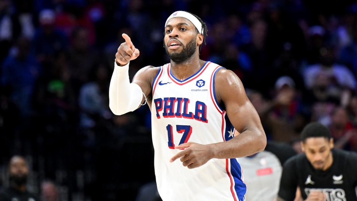 <div>PHILADELPHIA, PENNSYLVANIA - APRIL 14: Buddy Hield #17 of the Philadelphia 76ers celebrates in the third quarter against the Brooklyn Nets at the Wells Fargo Center on April 14, 2024 in Philadelphia, Pennsylvania. NOTE TO USER: User expressly acknowledges and agrees that, by downloading and or using this photograph, User is consenting to the terms and conditions of the Getty Images License Agreement. (Photo by Greg Fiume/Getty Images)</div>