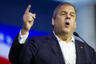 FILE - Former New Jersey Gov. Chris Christie speaks during the Republican Jewish Coalition's annual leadership meeting at The Venetian hotel-casino Nov. 6, 2021, in Las Vegas. Stunning new revelations about former President Donald Trump's fight to overturn the 2020 election have exposed growing political vulnerabilities just as he eyes another presidential bid. (Ellen Schmidt/Las Vegas Review-Journal via AP, File)/Las Vegas Review-Journal via AP)