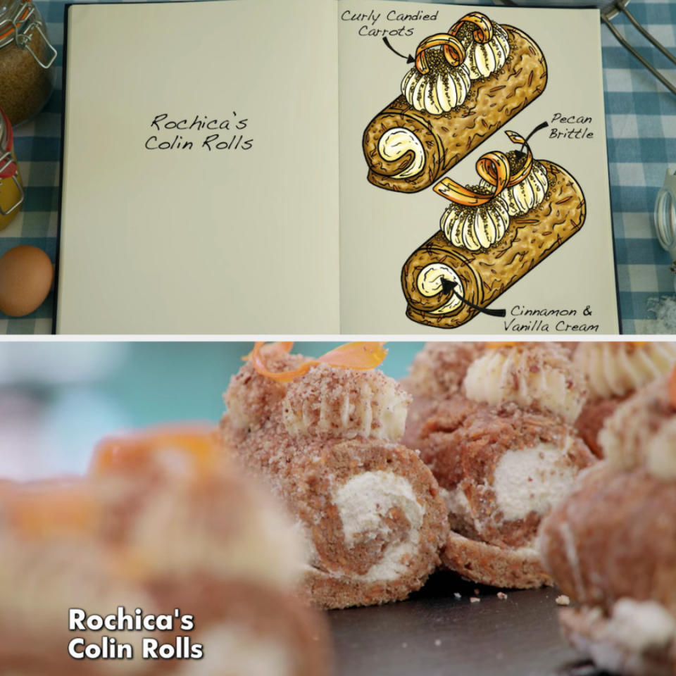 Rochica's mini rolls decorated with curly candied carrots and pecan brittle side by side with their drawing