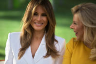 <p>U.S. first lady Melania Trump (L) sits with Sara, wife of Israeli Prime Minister Benjamin Netanyahu, during a visit to the Hadassah Ein Kerem hospital in Jerusalem May 22, 2017. (Photo: Sebastian Scheiner/Reuters) </p>